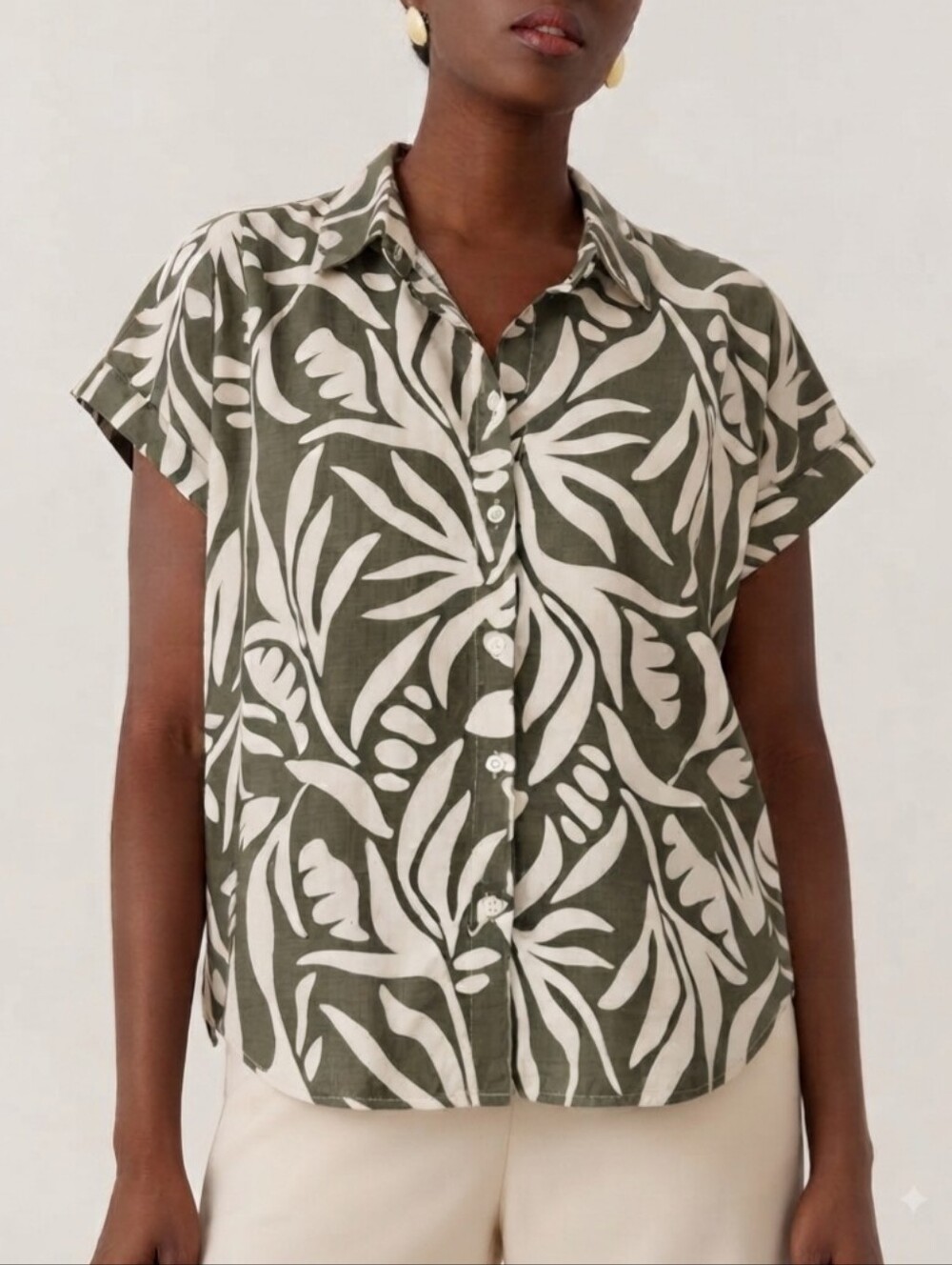 Sz M Artlove Paris 100% Viscose Olive & White Botanical Button-Front Women's Top